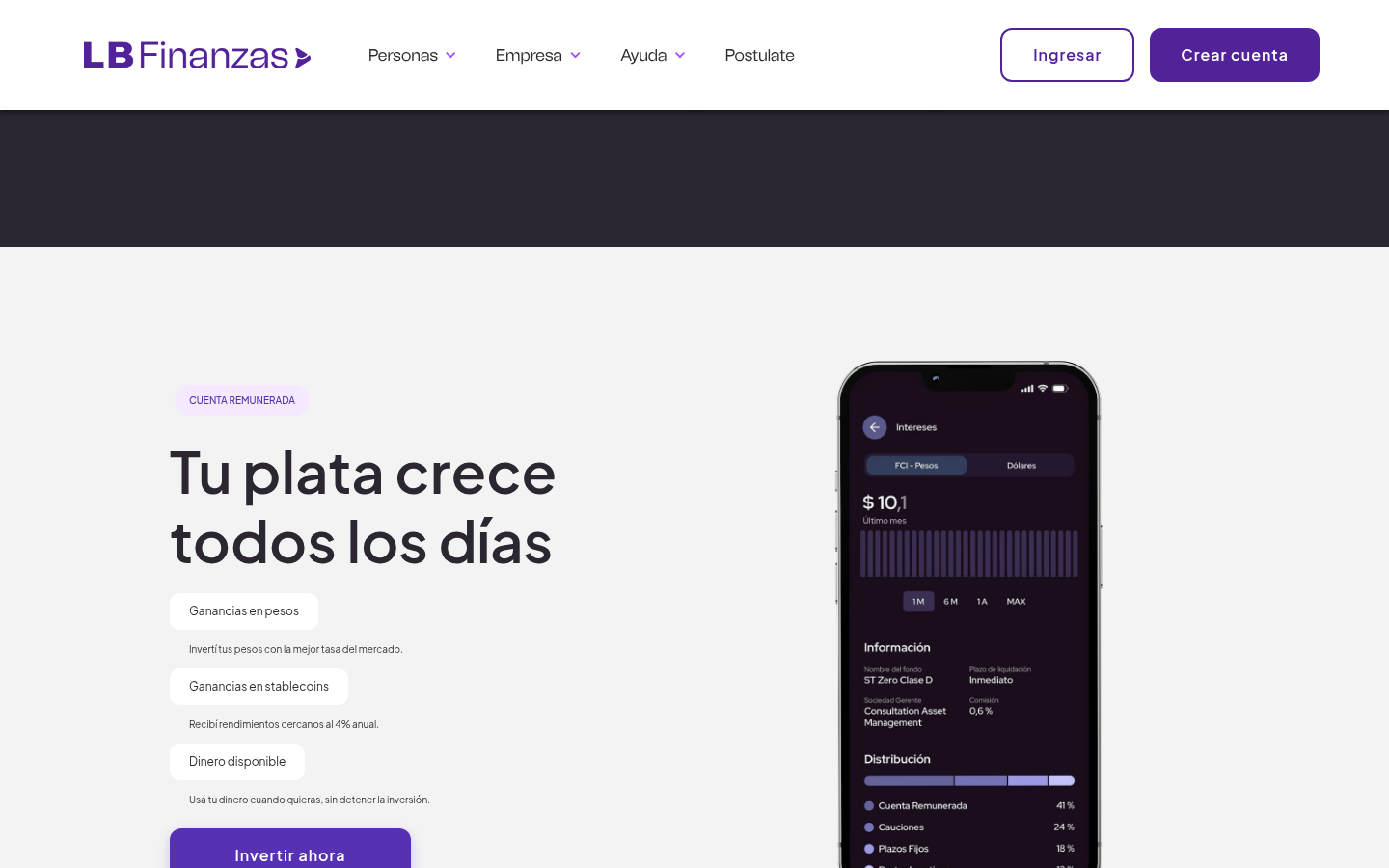 LB Finanzas App — cuenta remunerada con gráfico de rendimientos